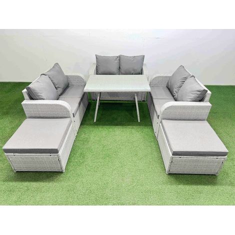 Fimous Rattan Garden Furniture Dining Set 8-seater Patio Rectangular Table Love Sofa Set with 2 Big Stools (1/4)