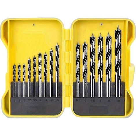 Ensemble de 15 forets pointus pour le travail du bois, ensemble de forets hélicoïdaux à trois pointes en acier au carbone de 3 à 10 mm, avec boîte de rangement portable. (1/5)