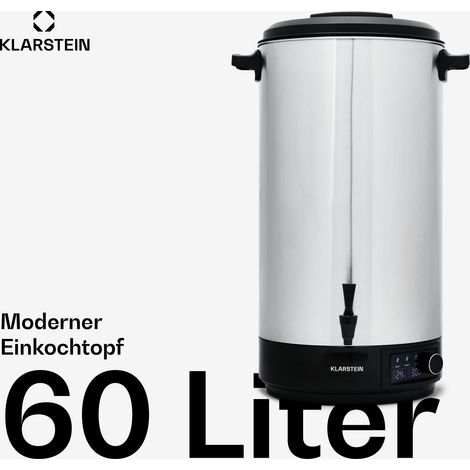 Klarstein Einkochautomat mit Hahn, 60L Glühweinkocher, Edelstahl-Glühweinkocher mit Zapfhahn, Großer Heißwasserspender, 2500W Einkochautomat für Getränke & Speisen, Elektrischer Einkochtopf 30-100°C