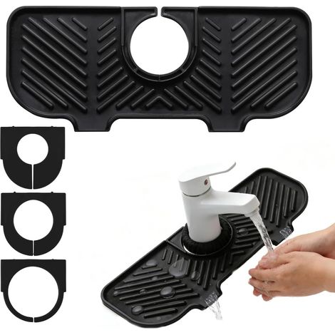 1 protection anti-éclaboussures pour évier de cuisine, tapis de robinet en silicone pour drainer, anneau réglable de 3 tailles, double tapis d'évier pour salle de bain et plan de travail, noir, 27 x 1