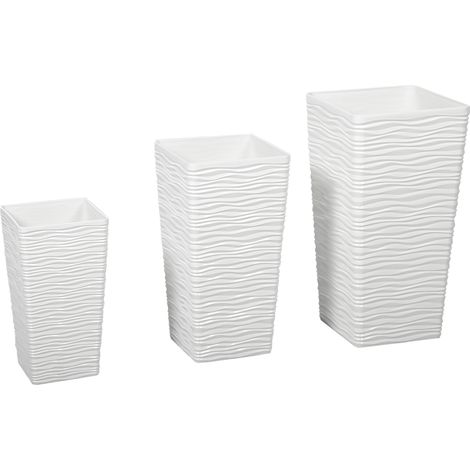 Set 3 Vasi da Esterno 42-55-65 cm Impilabili con Motivo Ondulato in Plastica Bianco (1/5)