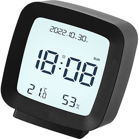 Digital LED alarm clock for children, indoor alarm clock with temperature and humidity display, black (1/5)