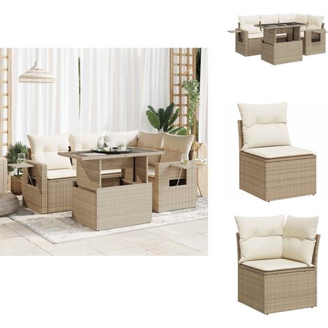 5-tlg. Garten-Sofagarnitur mit Kissen Beige Poly Rattan - Gartensofa Set - Garten Sofa Set - Outdoor Sofa Set - Garten Sofagarnitur (1/5)