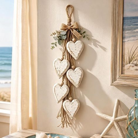 Décoration Murale Cœur en Bois, 5 Éléments Suspendus, Style Vintage Rustique, Ornement pour Entrée et Chambre (1/5)
