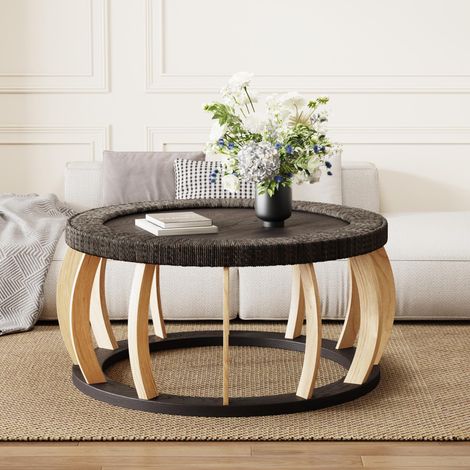 Table basse ronde vintage en rotin et bois massif, pieds incurvés, style bohème, idéale pour la salle à manger, la cuisine et le salon, noir et marron.