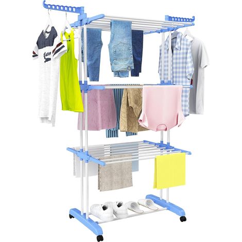Large 4-Tier Foldable Stainless Steel Drying Rack with Wheels, Blue (1/5)