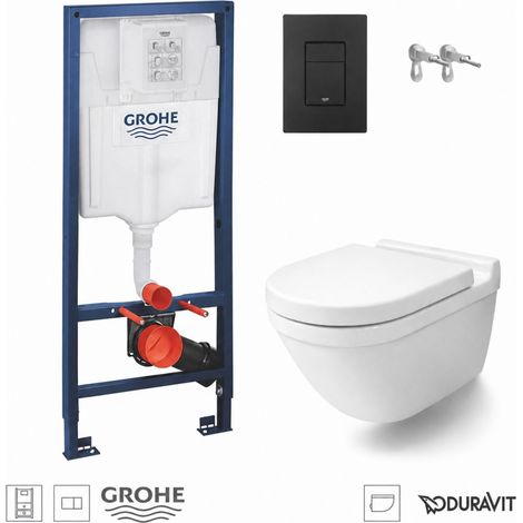 Pack WC inodoro suspendido con bastidor GROHE rapid c/pulsador negro mate c/wc Starck 3 blanco brillo suspendido Rimless Duravit (1/4)