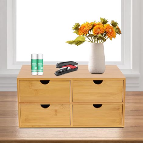Organisateur De Bureau En Bambou Organisateur De Bureau Avec 4 Tiroirs Pour Ranger Une VariéTé D'Objets Quotidiens Convient Pour Le Bureau (Couleur Bois) (1/5)