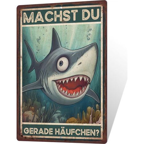 Plaque en métal pour WC - Requin demande : « Machst du gerade Häufchen  » - Décoration amusante pour salle de bain ou WC d'invités (1/5)