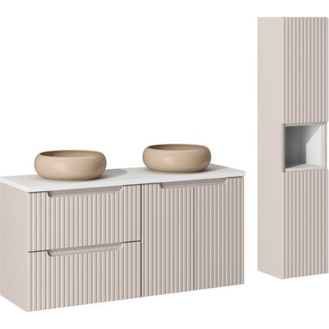 Ensemble Salle de bain Meuble double vasques + plateau blanc 120 cm + Colonne - A portes + tiroirs - Astral Beige - Livraison gratuite