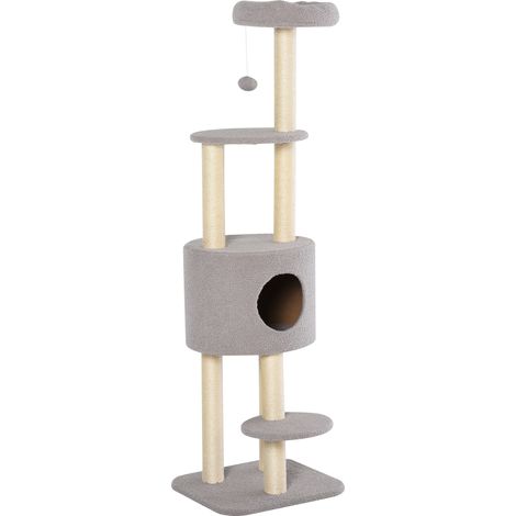 Arbre à chat avec griffoir, tour d'escalade pour chat, cabane et plateformes en peluche, hauteur 148 cm, gris (1/5)