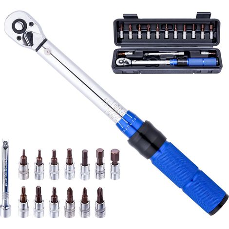 15-teiliges Drehmomentschlüssel-Set, 72 Zähne, 6,35 mm, 2–24 nm, Fahrrad-Drehmomentschlüssel-Set mit Sechskant- und Torx-Bits und Verlängerungen für die Reparatur von Rennrädern und Mountainbikes
