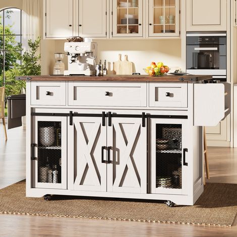 Îlot de cuisine mobile 120.2x45.3/75x91.5 cm blanc en MDF et métal avec plan de travail extensible et prises intégrées (1/5)
