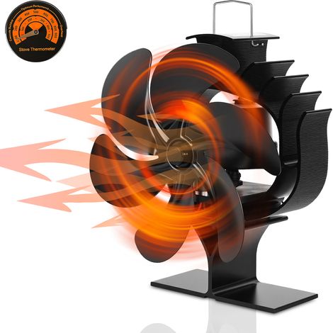 Wolketon Ventilador para estufa oscilante 120°, 6 aspas, alimentado por calor, sin electricidad, con termómetro (1/5)