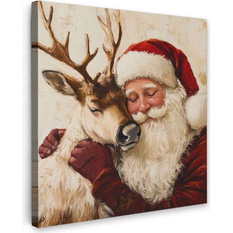 TABLEAU SUR TOILE Père Noël - Renne - Noël Tableau Chambre Adulte 90x90 cm