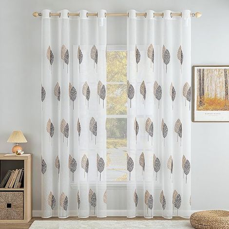 Net Curtains with Leaves Pattern Brown and 140 x 200 (1/5)