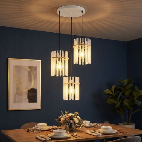 LED Hängelampe Höhenverstellbar Pendelleuchte Esszimmerlampe Glasstäbe, sandfarben, 3x 7W 806Lm warmweiß, DxH 47x140 cm