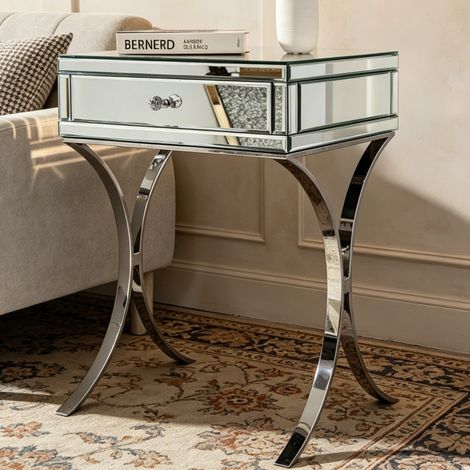 Glass Mirrored Side Table Drawer Cross-Legs Nightstand With Storage (1/5)