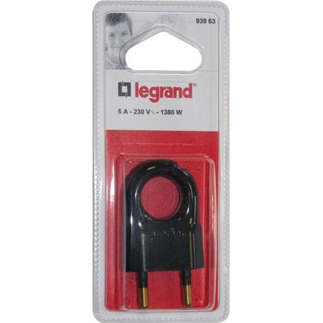 Legrand - Fiche plate mâle sans terre plastique - Avec anneau extraction - Noir (1/5)