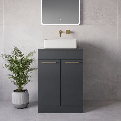 Napoli 460 Gloss Grey 600mm 2 Door Vanity Unit for Countertop Basins - 600mm - Brushed Brass 160mm Handle