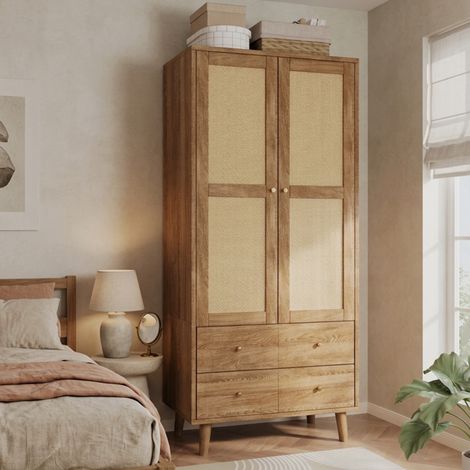 Armario de dormitorio 80 x 50 x 180 cm - ropero con puertas de ratán, barra para colgar, estantes, 2 cajones, patas - estilo boho moderno - mdf - marrón (1/5)
