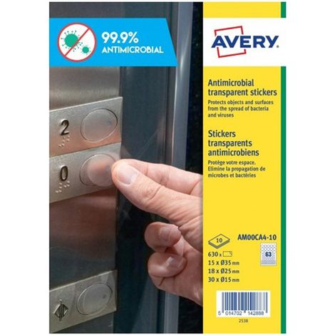 AM00CA4-10 Avery 630 Stickers ronds antimicrobien tailles assorties (AM00CA4-10) - Lot de 630 Stickers ronds antimicrobien tailles assorties avec adhésif permanent