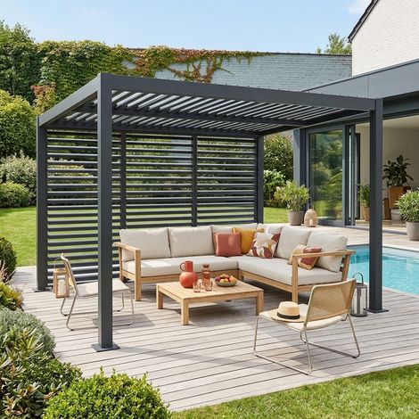 Pergola bioclimatique aluminium et acier 4x3m + 3 persiennes 130cm anthracite Palace (1/5)
