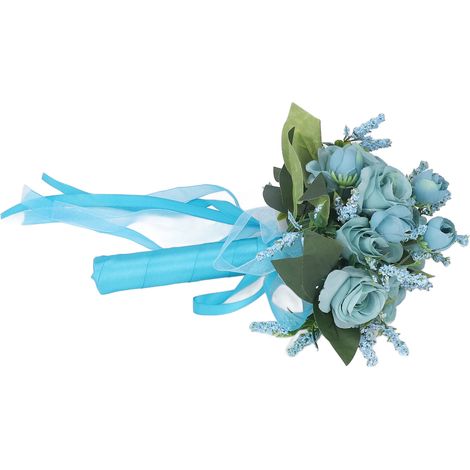 Bouquet de mariée artificiel avec roses réalistes et feuilles vertes, rose moderne et élégante pour mariage, église et décoration intérieure, bleu lac. (1/5)