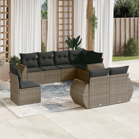 8-tlg. Garten-Sofagarnitur mit Kissen Grau Poly Rattan (1/3)