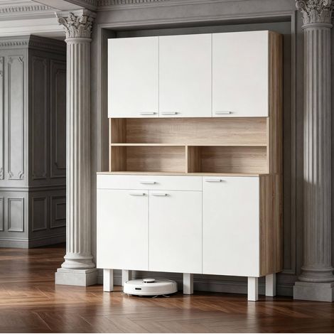 Buffet de cuisine 120x40x175 cm en bois blanc, avec rangement, pour salle à manger FLORAGRACE (1/5)