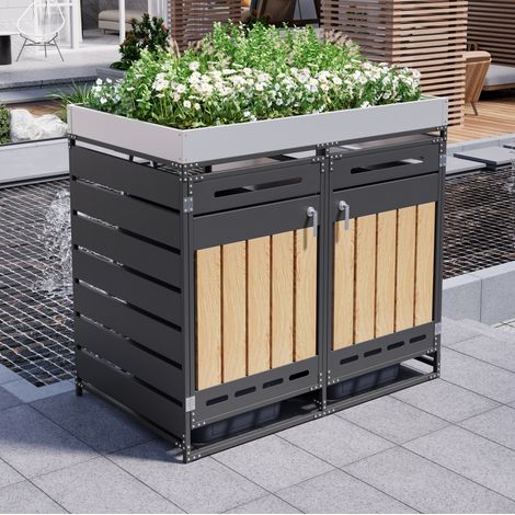 Armario para cubos de basura de hierro negro con jardinera superior, 2 compartimentos, puertas con cierre y ventilación (1/5)