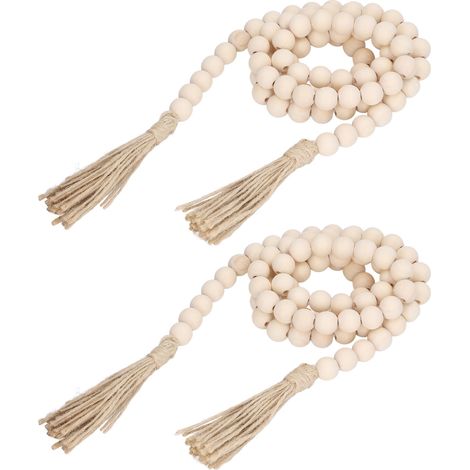 Guirlande de perles en bois 16mm, 2 pièces, style rustique, corde en chanvre, déco bohème avec pompons, idéale pour ferme et maison. (1/5)