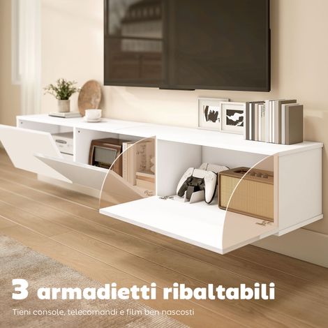 Mobile Porta TV fino a 82" Sospeso con 3 Armadietti a Ribalta e Ante Soft Close, Bianco (1/5)