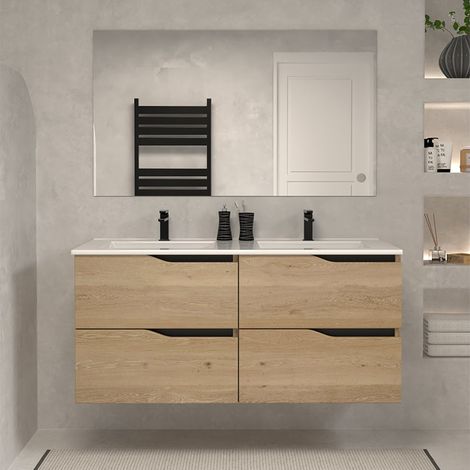 Meuble de salle de bain 120cm double vasque - 4 tiroirs - madera miel (bois clair) - LUNA (1/5)
