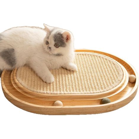 Griffoir en sisal, 2 en 1, Jouet pour chat, Pin massif et coussin en sisal naturel et boules d'herbe à chat, 43 x 33 x 3 cm , Tapis griffoir pour tous les chats - Pour jouer, se détendre