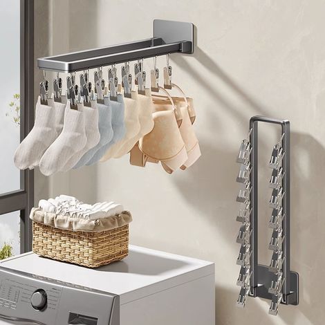 Porte-chaussettes mural, coupe-vent et pliable en alliage de zinc, corde à linge pour sous-vêtements et serviettes, 16 pinces (43,3 cm/17 pouces) (1/5)