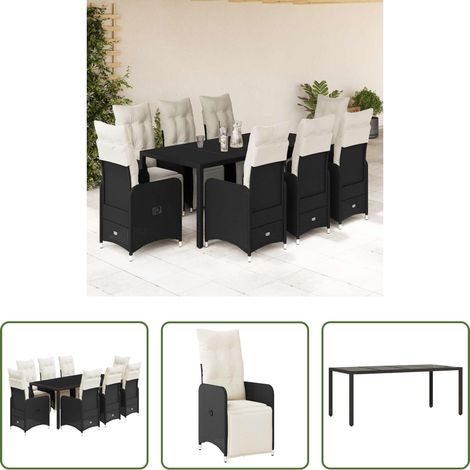 Gartentisch - 9-tlg. Garten-Bistro-Set mit Kissen Schwarz Poly Rattan (1/5)