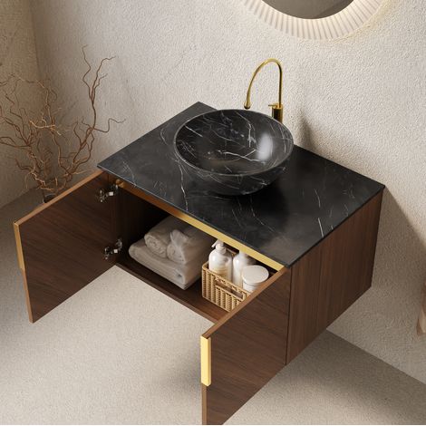 Mueble de baño suspendido con lavabo de cerámica, encimera de piedra sinterizada negra, roble marrón y negro (1/5)