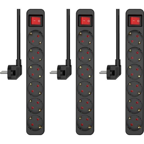 Lot de 3 multiprises, à 6 Prises, avec Interrupteur et câble de 1,5 m, sécurité Enfant, fiche Schuko, Max. 3680 W, Noir (1/5)
