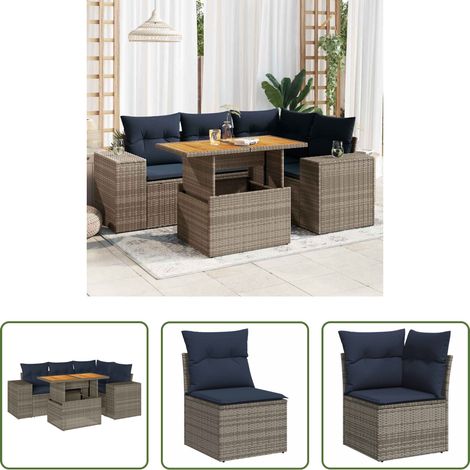 Terrassensofa - 5-tlg. Garten-Sofagarnitur mit Kissen Grau Poly Rattan (1/5)