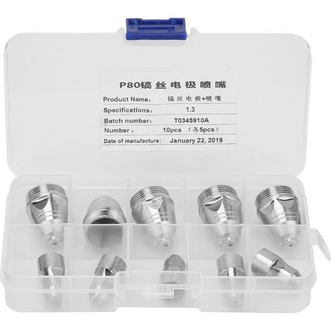 10 ugelli P80 da 1,3 mm ed elettrodi P80, materiali di consumo per ugelli della torcia per taglio al plasma e pezzi di ricambio per la taglierina al plasma ad aria (un set). (1/5)