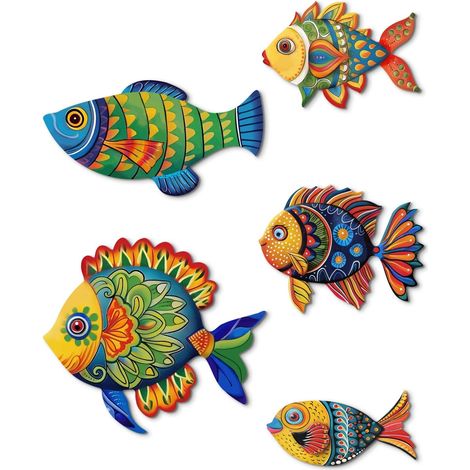 Décoration murale poissons colorés style océan, lot de 5 poissons multicolores en MDF, déco marine bohème pour salle de bain WC entrée salon chambre enfant, maison vacances gîte (1/5)