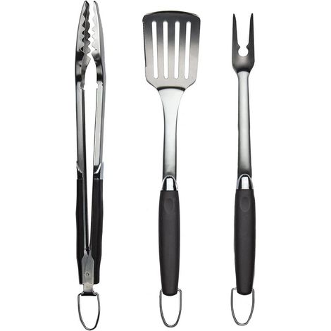 Set de 3 ustensiles de barbecue en acier inoxydable – Pince, grattoir et fourchette – Accessoires d’extérieur (1/5)