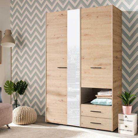 Guardaroba 3 Ante Molare, Armadio Camera da Letto Appendiabiti, 2 Cassetti, 5 Ripiani, 127.5x54 cm Marrone Rovere Nodi (1/5)