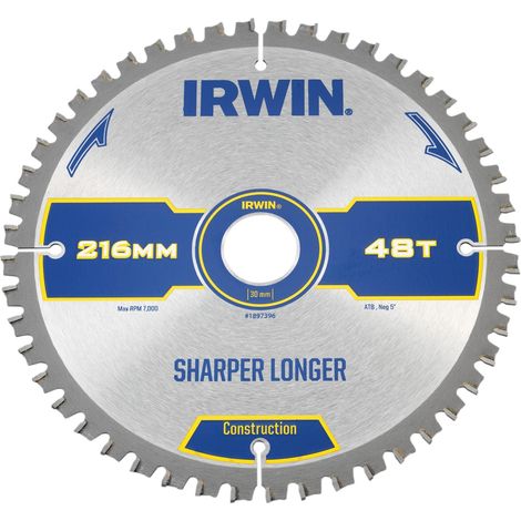 Irwin Construction Mitre Circular Saw Blade 216 x 30mm x 48T ATB/Neg IRW1897396 (1/2)