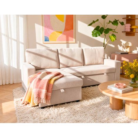 Bestmobilier – Canapé d'angle réversible 4 places convertible – Coffre de rangement – Velours côtelé beige – Design contemporain – Couchage occasionnel (1/5)