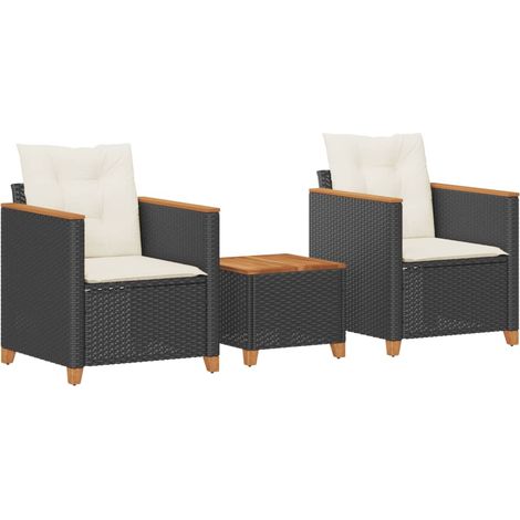 3-tlg. Bistro-Set mit Kissen Schwarz Poly Rattan Akazienholz vidaXL
