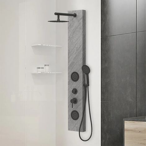 Pannello doccia in acciaio inox effetto pietra con soffione slim nero opaco (1/5)