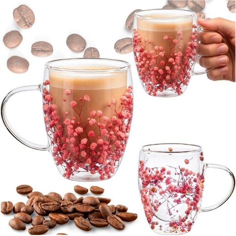 1 pièce Verre thermique 300 ml, double paroi, motif fleuri, tasse café/thé, avec anse, usage quotidien