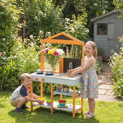 Cocina de barro de exterior para niños, cocina de juguete de madera con estufa, fregadero extraíble y estantes para niños de 3 a 8 años, azul claro. (1/5)
